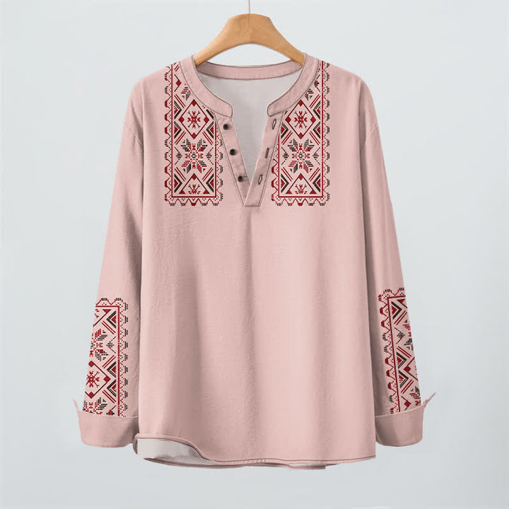 Buddha Stones Cotton Tribal Geometric Pattern V-Neck Buttons Men's Long Sleeve Shirts - image 2