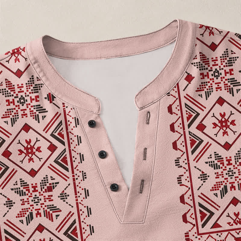 Buddha Stones Cotton Tribal Geometric Pattern V-Neck Buttons Men's Long Sleeve Shirts - image 4