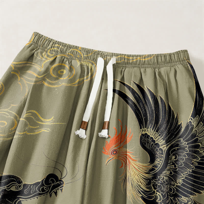 Buddha Stones Pure Cotton Dragon Phoenix Cloud Pattern Drawstring Men's Harem Pants With Pockets - image 3