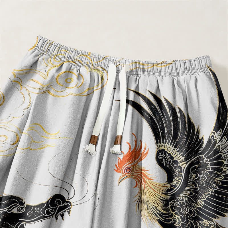 Buddha Stones Pure Cotton Dragon Phoenix Cloud Pattern Drawstring Men's Harem Pants With Pockets - image 15