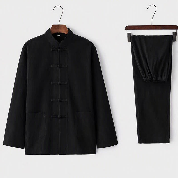 Buddha Stones 2Pcs Tang Suit Traditional Frog-Button Uniform Long Sleeve Shirt Pants Men's Set - Black - US/UK/AU44，EU54 (5XL) - image 3