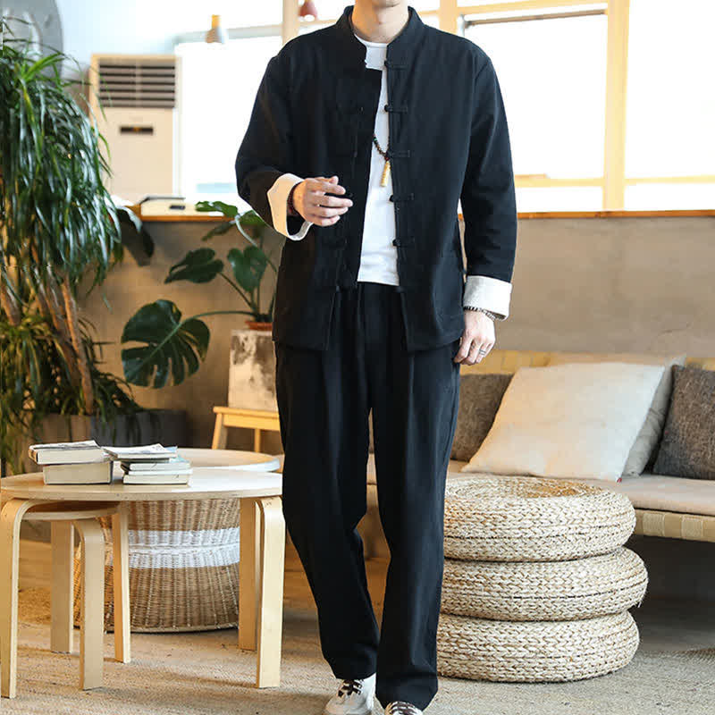 Buddha Stones 2Pcs Zen Tang Suit Men's Frog-Button Long Sleeve Shirt Pants Set With Pockets - image 15