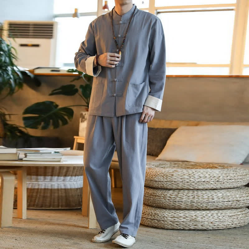 Buddha Stones 2Pcs Zen Tang Suit Men's Frog-Button Long Sleeve Shirt Pants Set With Pockets - image 8