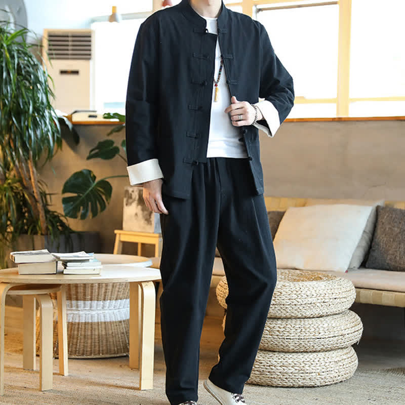 Buddha Stones 2Pcs Zen Tang Suit Men's Frog-Button Long Sleeve Shirt Pants Set With Pockets - image 16