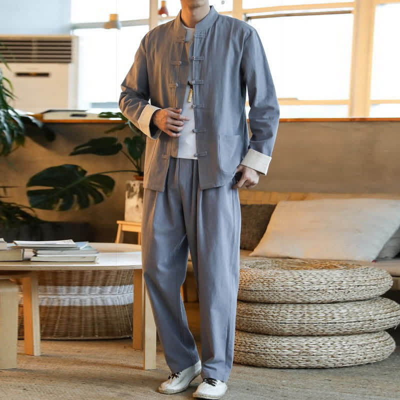 Buddha Stones 2Pcs Zen Tang Suit Men's Frog-Button Long Sleeve Shirt Pants Set With Pockets - Gray - US/UK/AU44，EU54 (5XL) - image 0