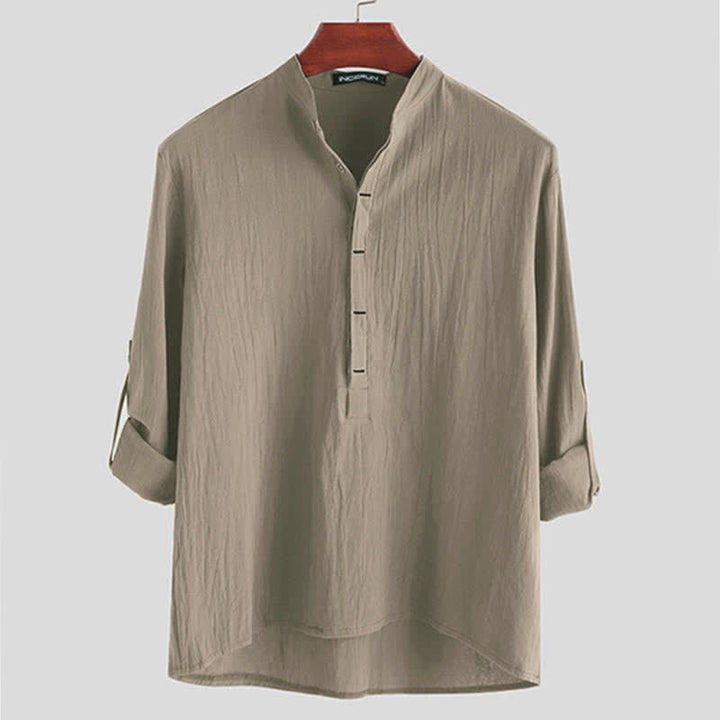 Buddha Stones Solid Color Half Buttons Long Sleeve Cotton Men's Shirts - Tan - US/UK/AU42，EU52 (3XL) - image 6