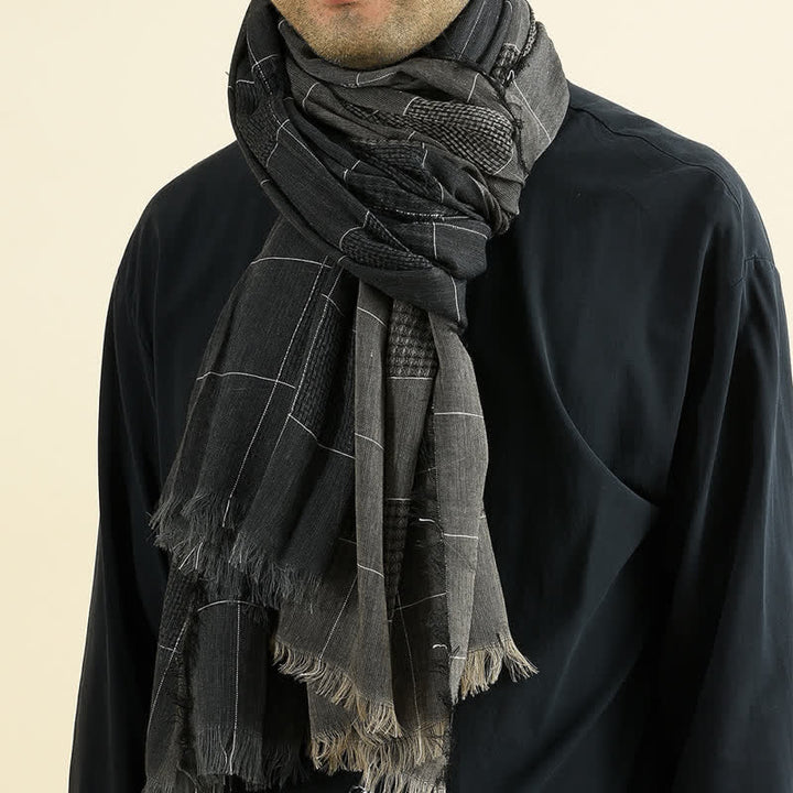 Buddha Stones Fall Winter Dark Grid Tassel Layering Men's Scarf - image 0