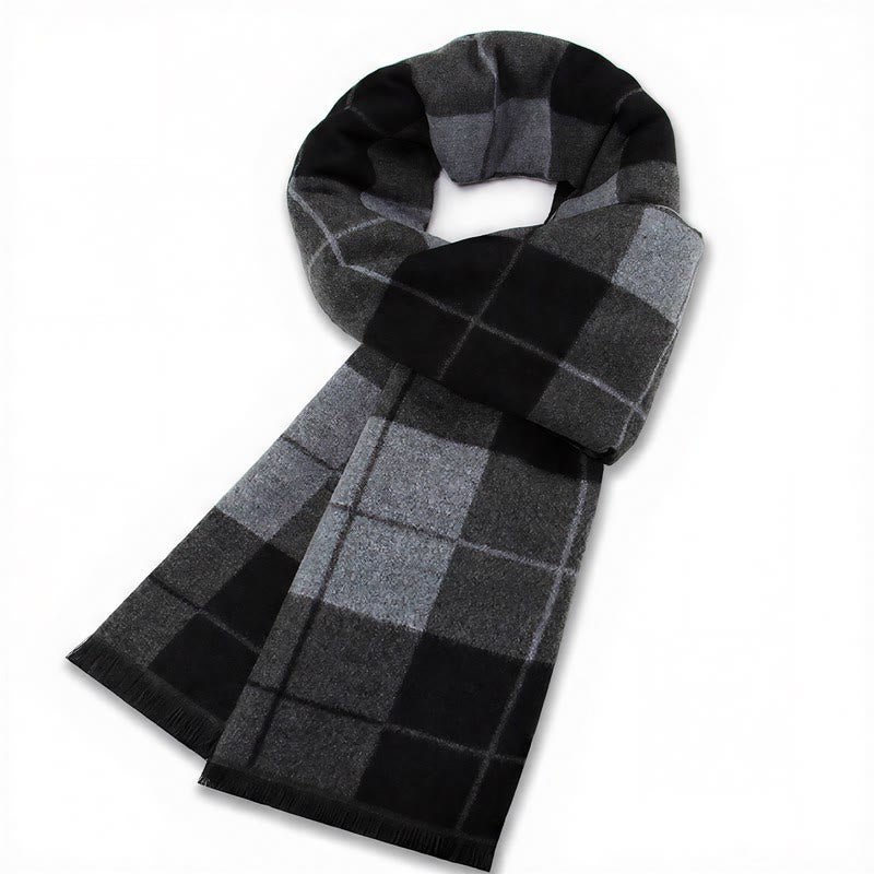 Buddha Stones Fall Winter Classic Grey Plaid Fringe Cozy Scarves - Blue Gray Black Plaid - image 2