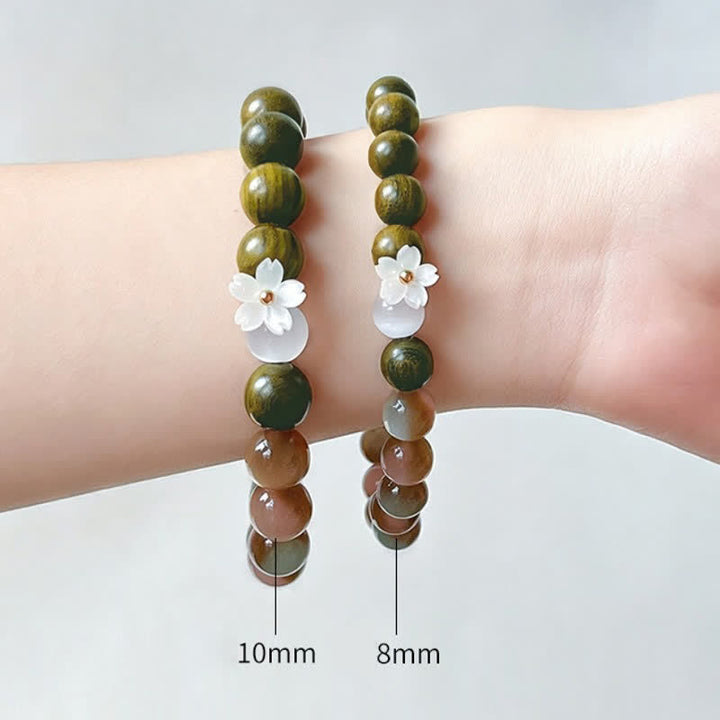 Buddha Stones Green Sandalwood Cat's Eye Flower Charm Serenity Bracelet - image 10