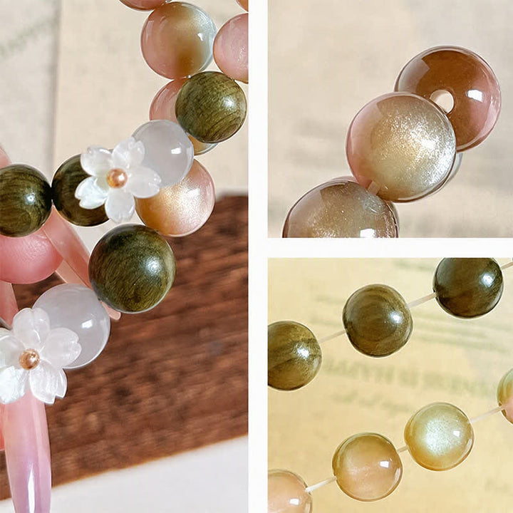 Buddha Stones Green Sandalwood Cat's Eye Flower Charm Serenity Bracelet - image 12