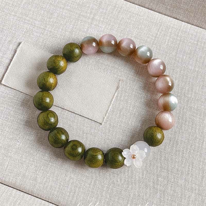 Buddha Stones Green Sandalwood Cat's Eye Flower Charm Serenity Bracelet - 10mm Pink Beads - image 8