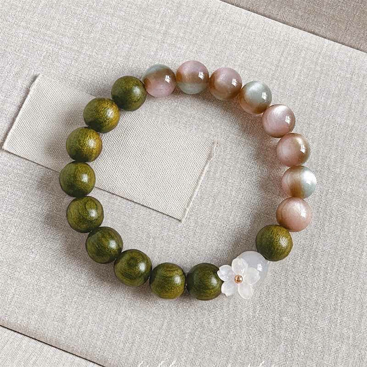 Buddha Stones Green Sandalwood Cat's Eye Flower Charm Serenity Bracelet - 10mm Pink Beads - image 8