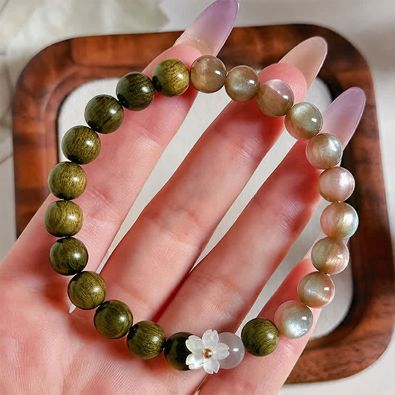 Buddha Stones Green Sandalwood Cat's Eye Flower Charm Serenity Bracelet - image 3