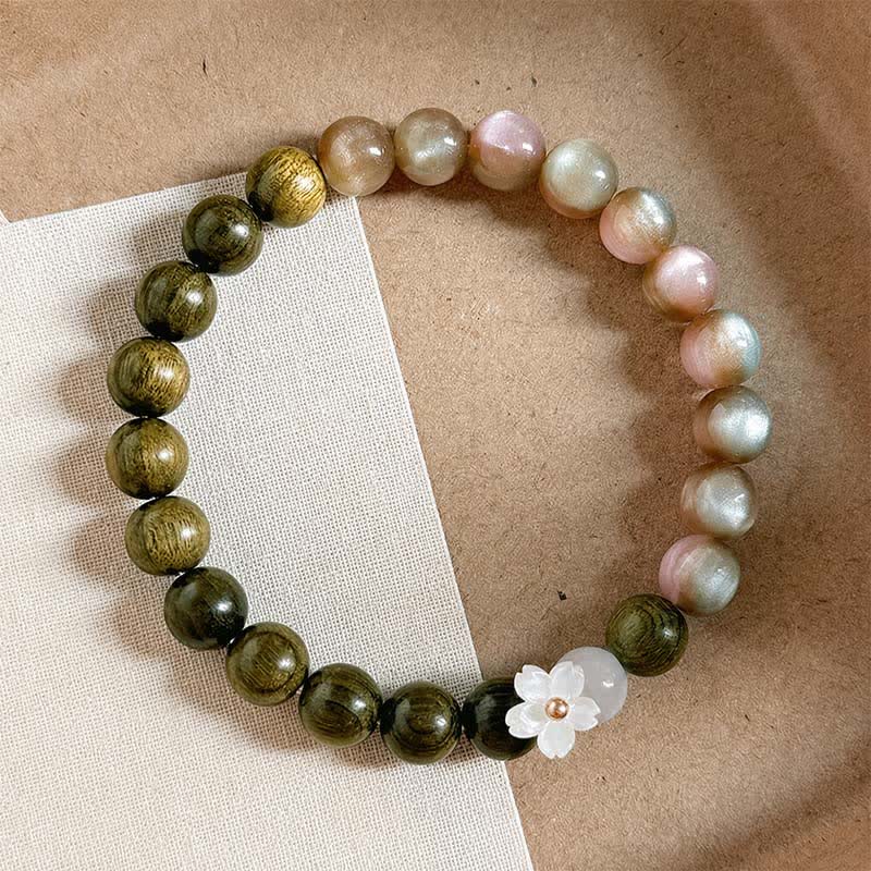 Buddha Stones Green Sandalwood Cat's Eye Flower Charm Serenity Bracelet - image 2