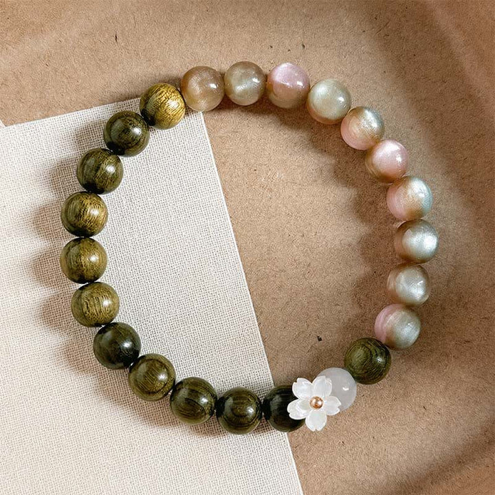 Buddha Stones Green Sandalwood Cat's Eye Flower Charm Serenity Bracelet - image 2