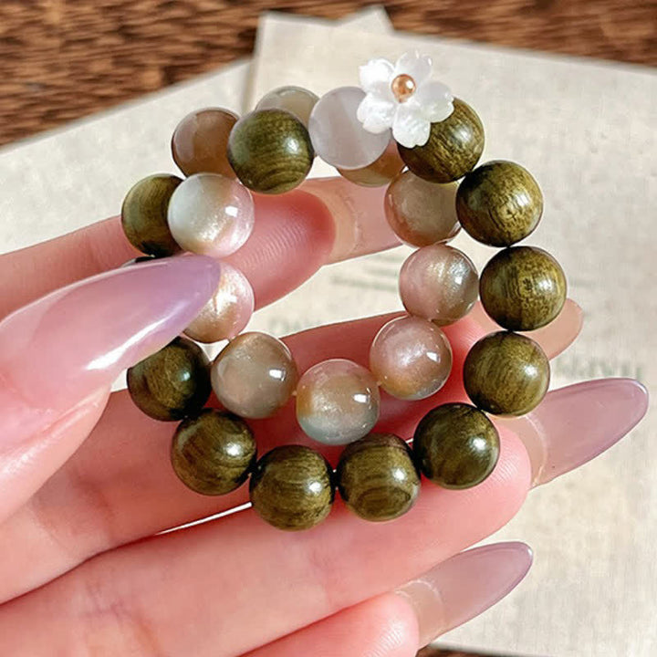 Buddha Stones Green Sandalwood Cat's Eye Flower Charm Serenity Bracelet - image 9