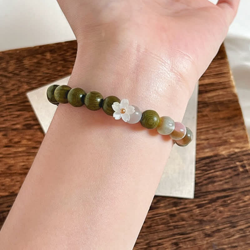 Buddha Stones Green Sandalwood Cat's Eye Flower Charm Serenity Bracelet - image 4