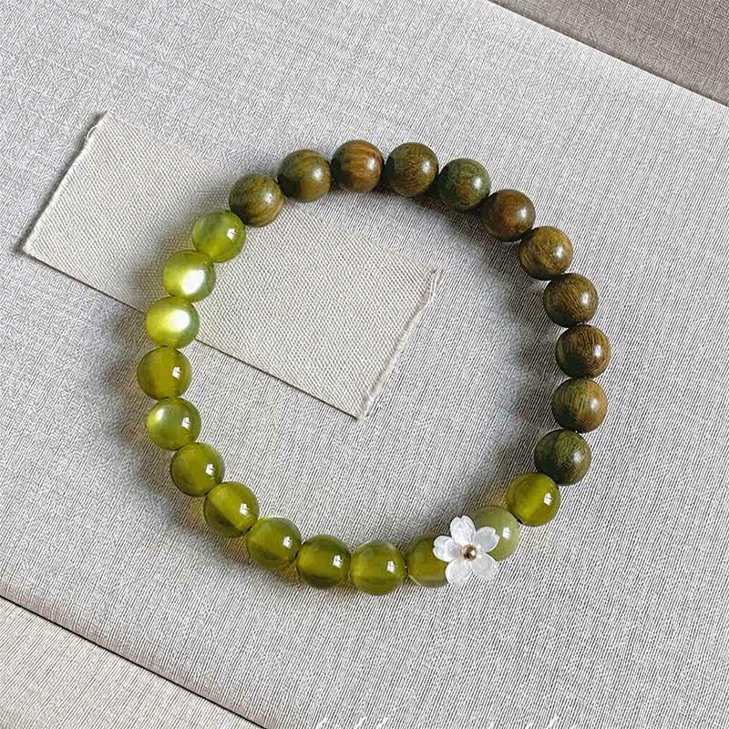 Buddha Stones Green Sandalwood Cat's Eye Flower Charm Serenity Bracelet - 8mm Cat's Eye Stone - image 13