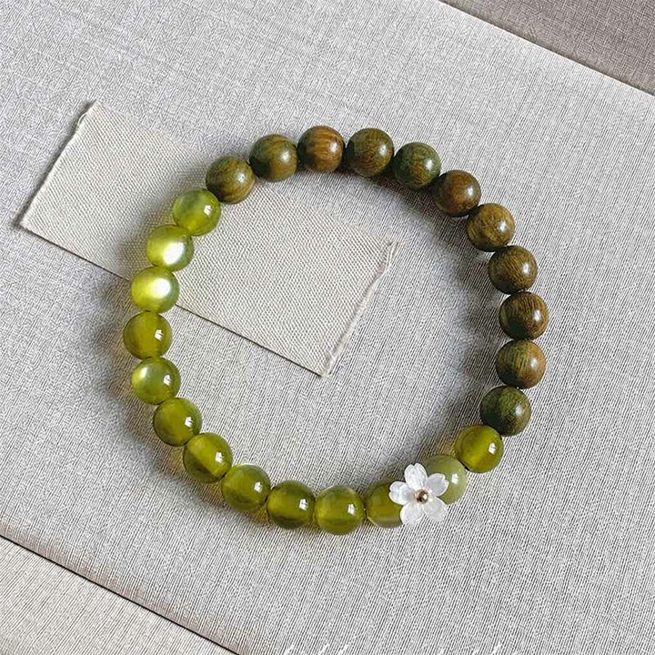 Buddha Stones Green Sandalwood Cat's Eye Flower Charm Serenity Bracelet - 8mm Cat's Eye Stone - image 13