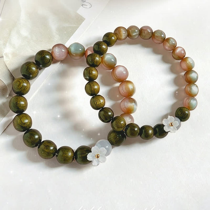 Buddha Stones Green Sandalwood Cat's Eye Flower Charm Serenity Bracelet - image 11