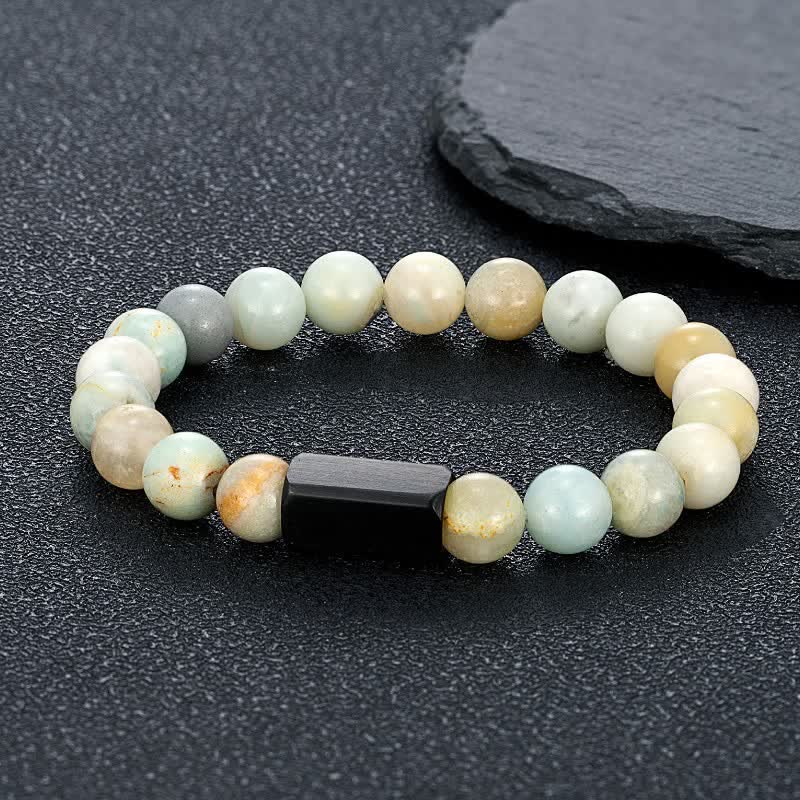 Buddha Stones Black Goldstone Stones Titanium Steel Bar Bracelet - Amazonite(Truth ♥ Communication) - 8mm - image 4