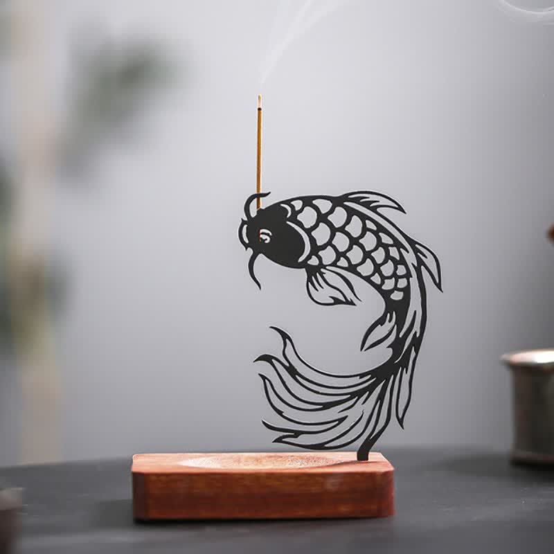 Buddha Stones Wooden Base Koi Fish Success Zen Incense Burner - Head Up Koi Fish Short Base - image 5