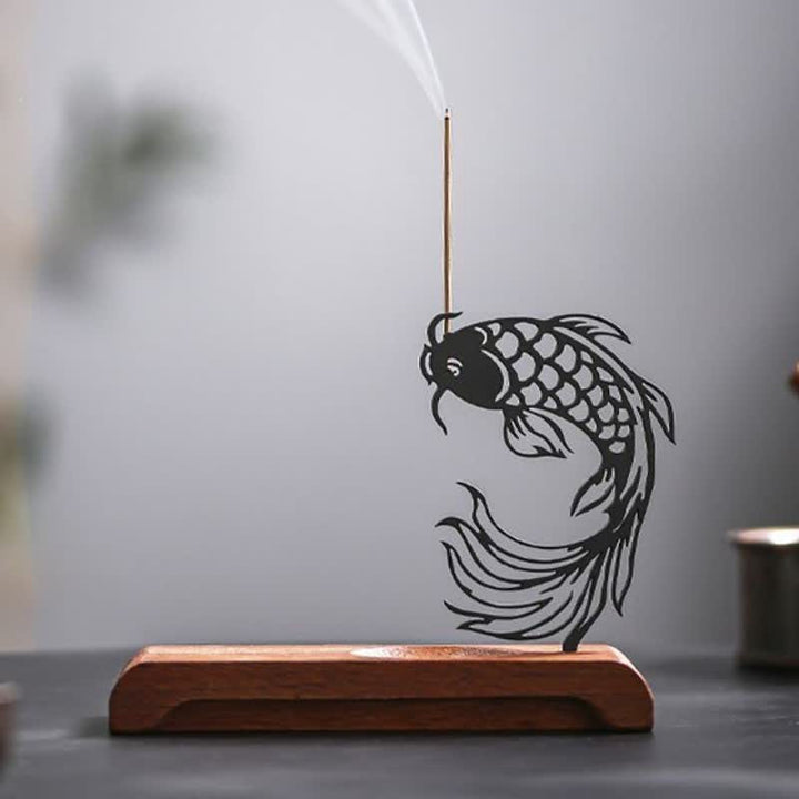 Buddha Stones Wooden Base Koi Fish Success Zen Incense Burner - Head Up Koi Fish Long Base - image 11