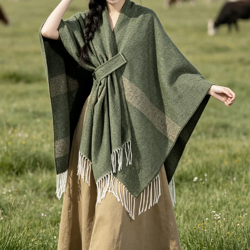 Buddha Stones Fall Winter Boho Striped Tassel Buckle Design Cozy Shawl - image 18