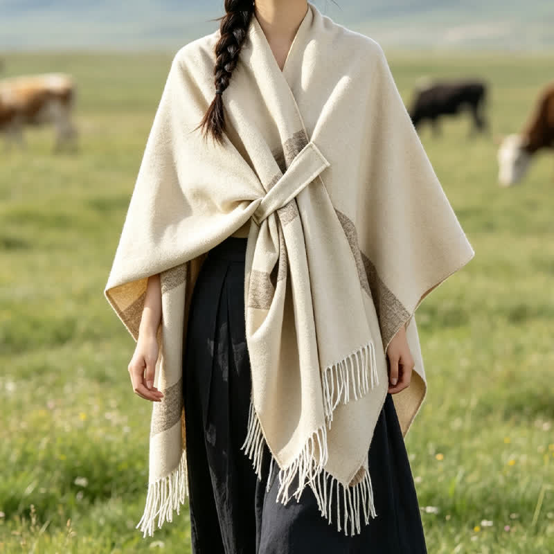 Buddha Stones Fall Winter Boho Striped Tassel Buckle Design Cozy Shawl - Beige - 130x150cm - image 34