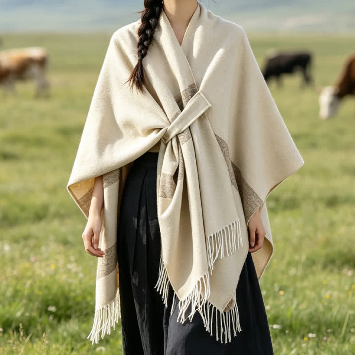 Buddha Stones Fall Winter Boho Striped Tassel Buckle Design Cozy Shawl - Beige - 130x150cm - image 34