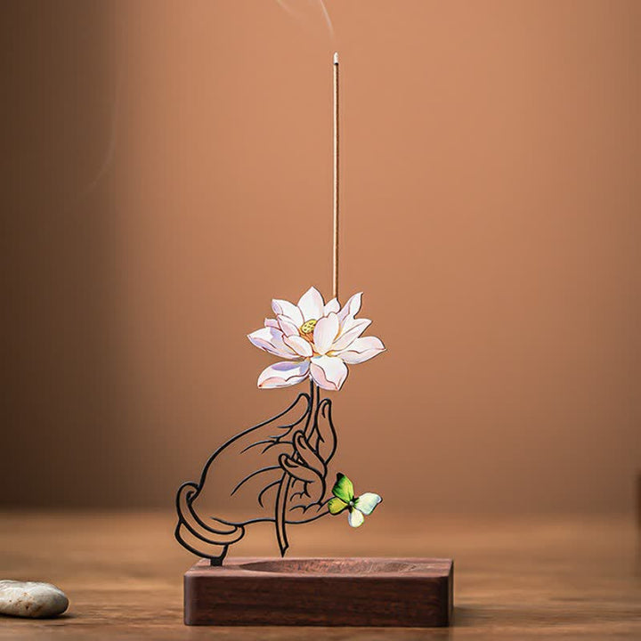 Buddha Stones Hand Lotus Butterfly Enlightenment Upright Incense Burner - Pink - image 0