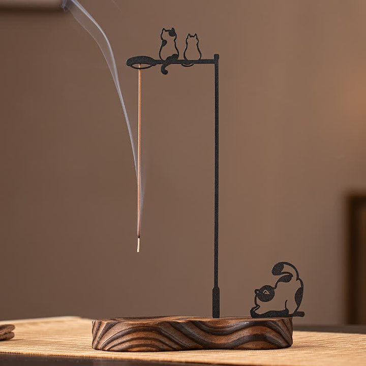 Buddha Stones Wooden Cat Silhouette Meditation Incense Burner - Cats - image 0