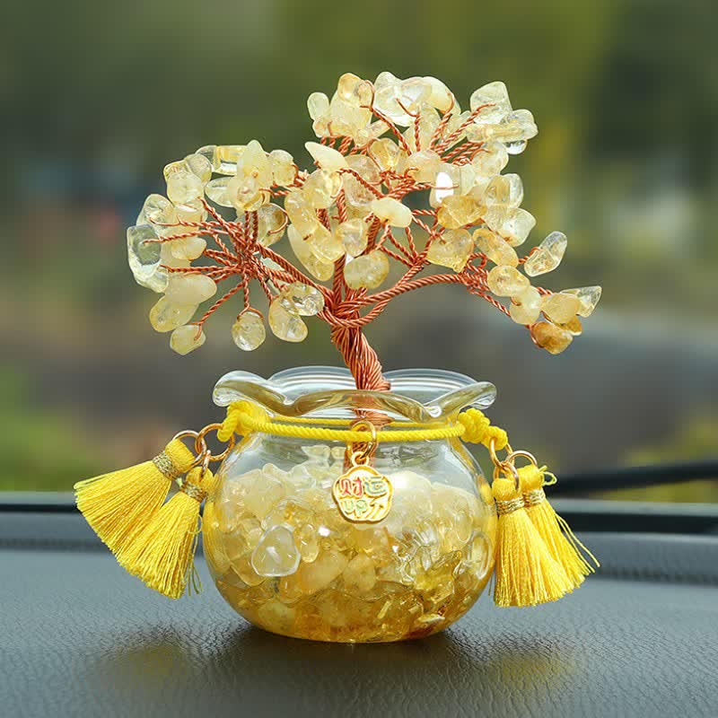 Buddha Stones Wire Wrapped Crystal Money Tree Dashboard Ornament Wealth & Fortune Symbols - Citrine - Tassel - image 0