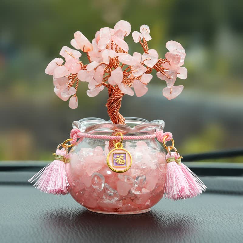 Buddha Stones Wire Wrapped Crystal Money Tree Dashboard Ornament Wealth & Fortune Symbols - Rose Quartz - Tassel - image 10