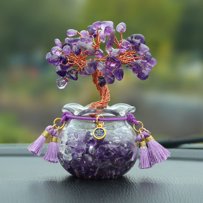 Buddha Stones Wire Wrapped Crystal Money Tree Dashboard Ornament Wealth & Fortune Symbols - Amethyst - Tassel - image 4