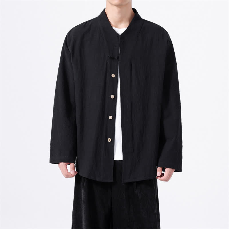 Buddha Stones Fall Minimalist Tang Style Mandarin Collar Solid Cotton Men's Long Sleeve Shirts - Black - US/UK/AU46，EU56 (5XL) - image 8