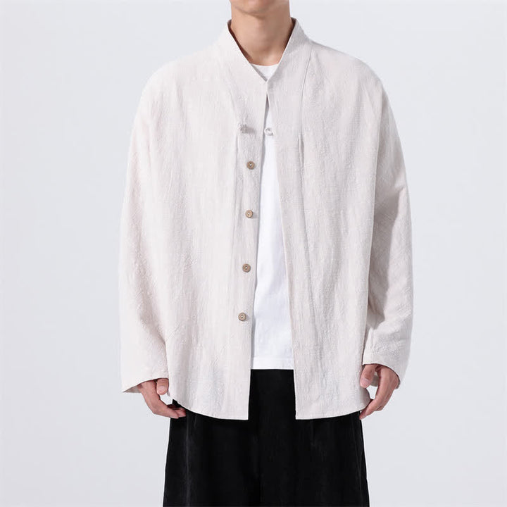 Buddha Stones Fall Minimalist Tang Style Mandarin Collar Solid Cotton Men's Long Sleeve Shirts - Linen - US/UK/AU46，EU56 (5XL) - image 15