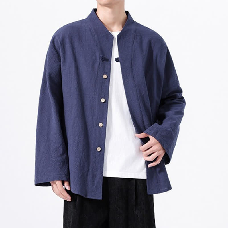 Buddha Stones Fall Minimalist Tang Style Mandarin Collar Solid Cotton Men's Long Sleeve Shirts - image 5