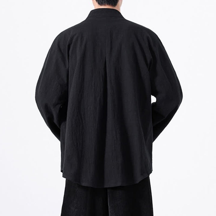 Buddha Stones Fall Minimalist Tang Style Mandarin Collar Solid Cotton Men's Long Sleeve Shirts - image 12