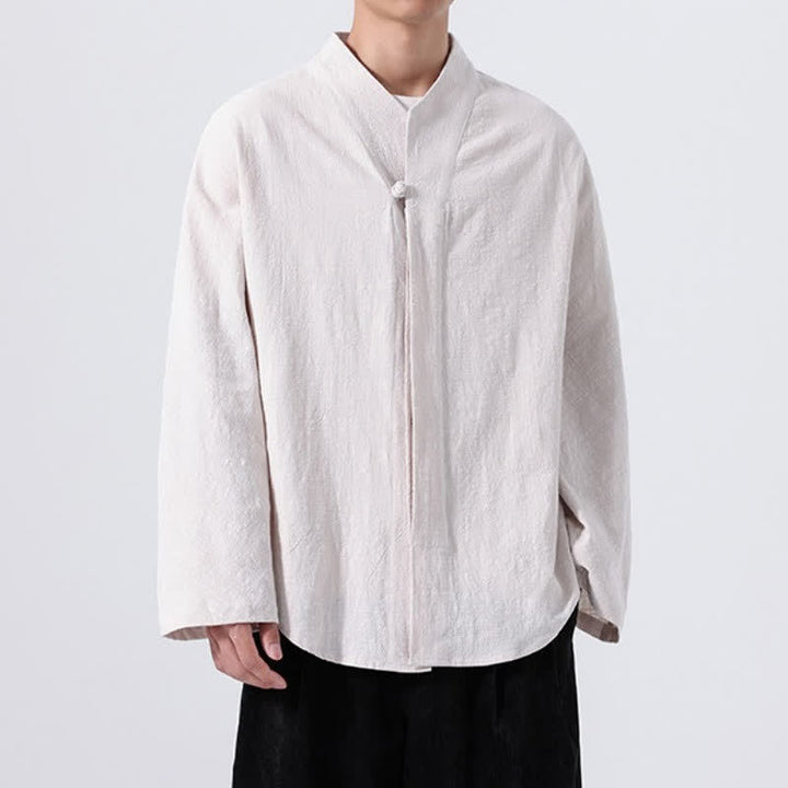 Buddha Stones Fall Minimalist Tang Style Mandarin Collar Solid Cotton Men's Long Sleeve Shirts - image 16