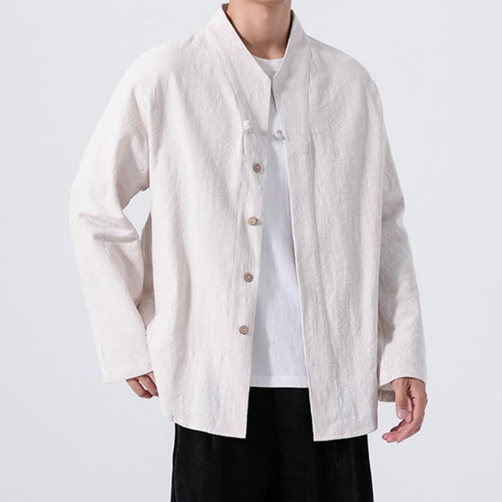 Buddha Stones Fall Minimalist Tang Style Mandarin Collar Solid Cotton Men's Long Sleeve Shirts - image 20