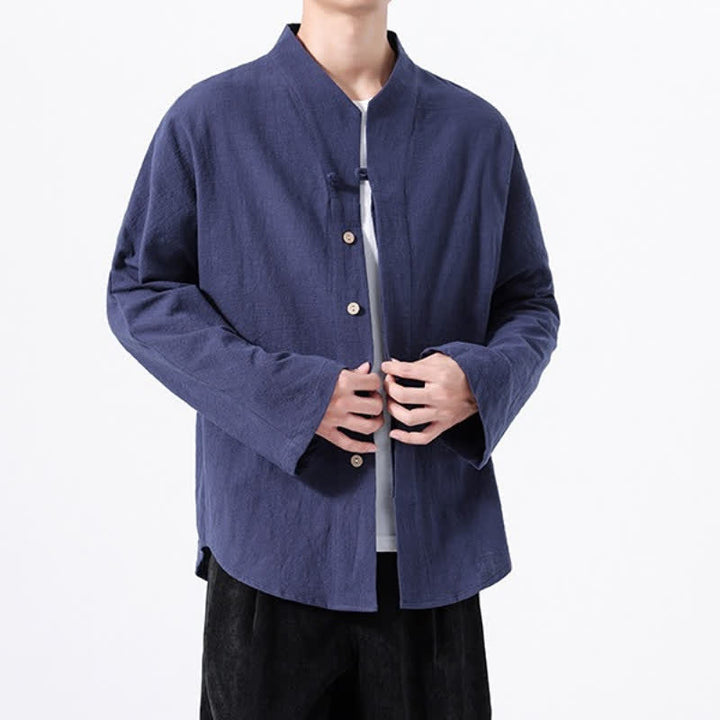 Buddha Stones Fall Minimalist Tang Style Mandarin Collar Solid Cotton Men's Long Sleeve Shirts - image 3