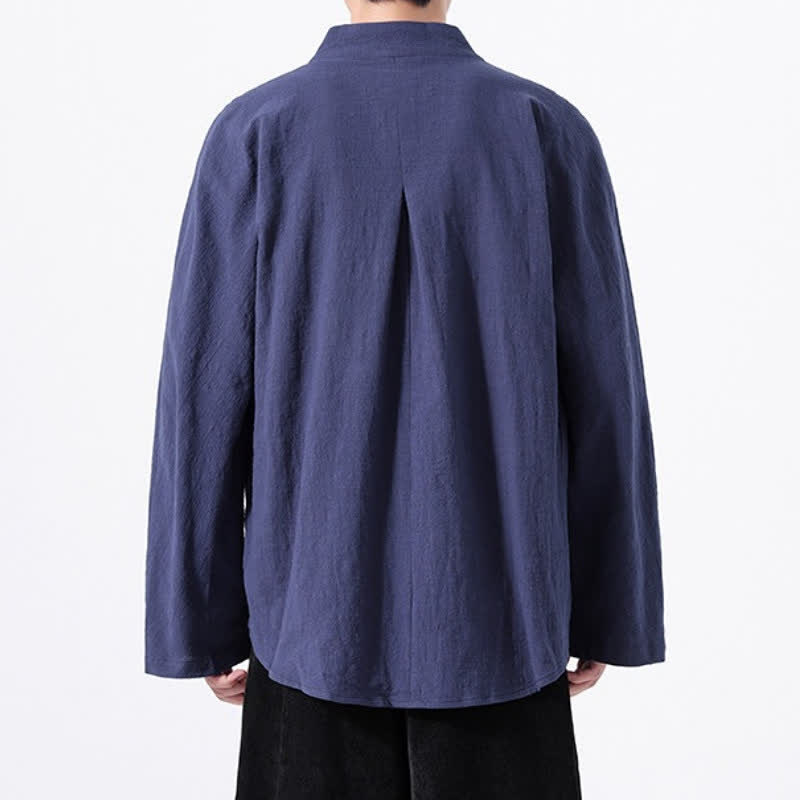 Buddha Stones Fall Minimalist Tang Style Mandarin Collar Solid Cotton Men's Long Sleeve Shirts - image 4