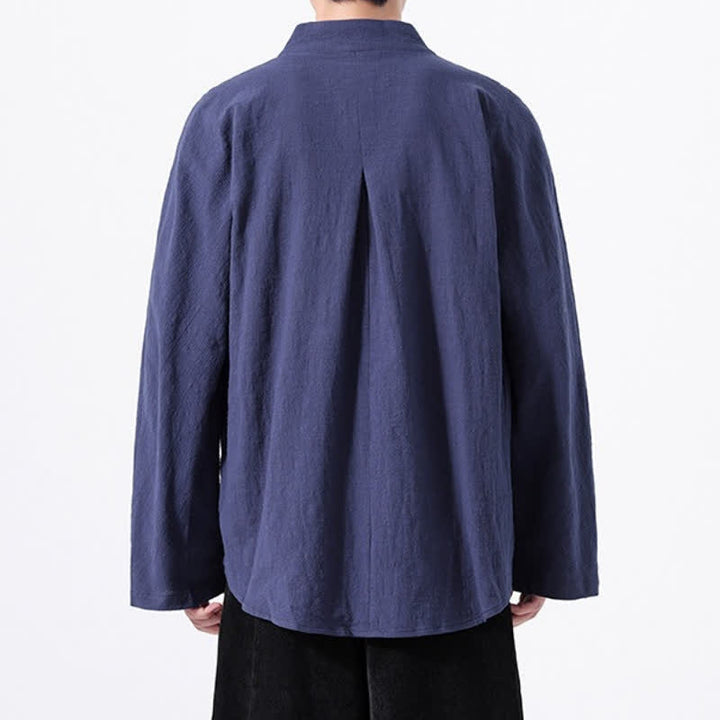 Buddha Stones Fall Minimalist Tang Style Mandarin Collar Solid Cotton Men's Long Sleeve Shirts - image 4