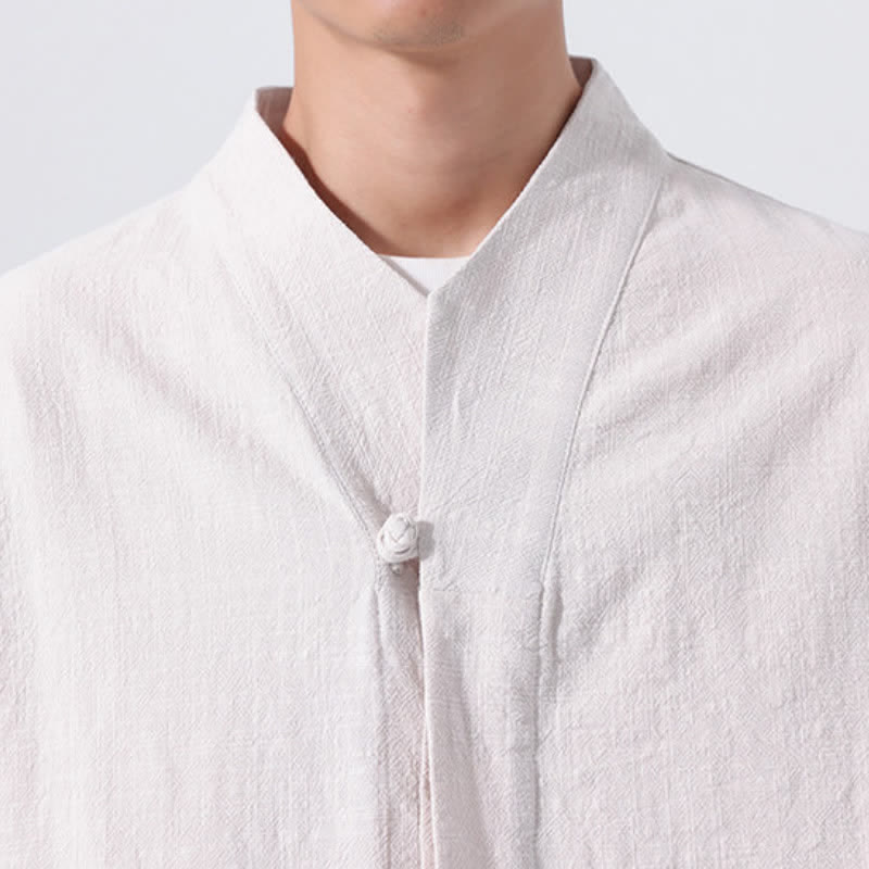 Buddha Stones Fall Minimalist Tang Style Mandarin Collar Solid Cotton Men's Long Sleeve Shirts - image 23