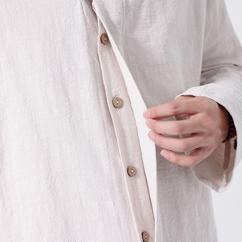 Buddha Stones Fall Minimalist Tang Style Mandarin Collar Solid Cotton Men's Long Sleeve Shirts - image 25