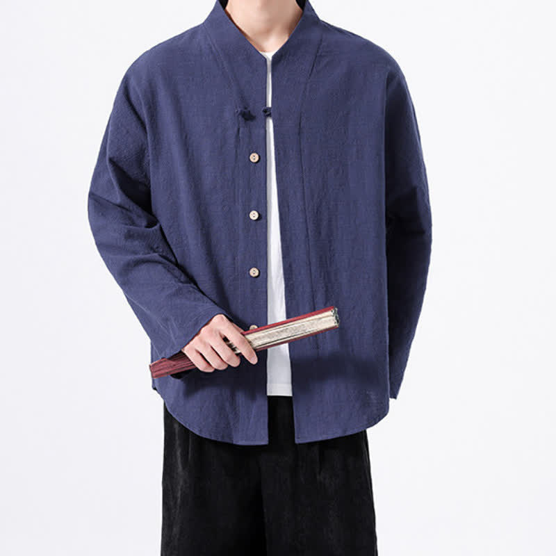 Buddha Stones Fall Minimalist Tang Style Mandarin Collar Solid Cotton Men's Long Sleeve Shirts - image 1