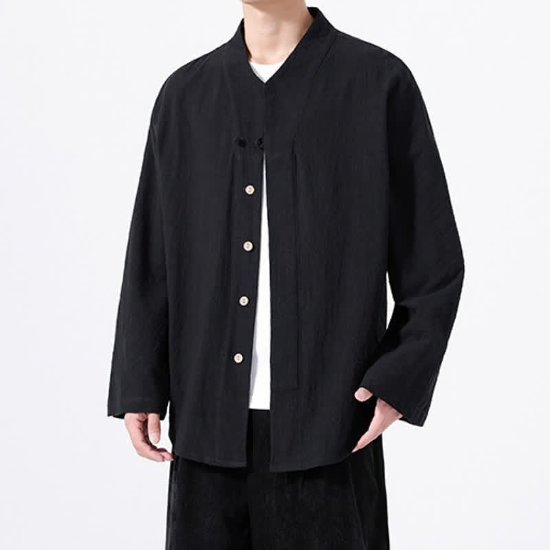 Buddha Stones Fall Minimalist Tang Style Mandarin Collar Solid Cotton Men's Long Sleeve Shirts - image 11