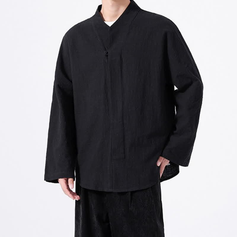 Buddha Stones Fall Minimalist Tang Style Mandarin Collar Solid Cotton Men's Long Sleeve Shirts - image 14