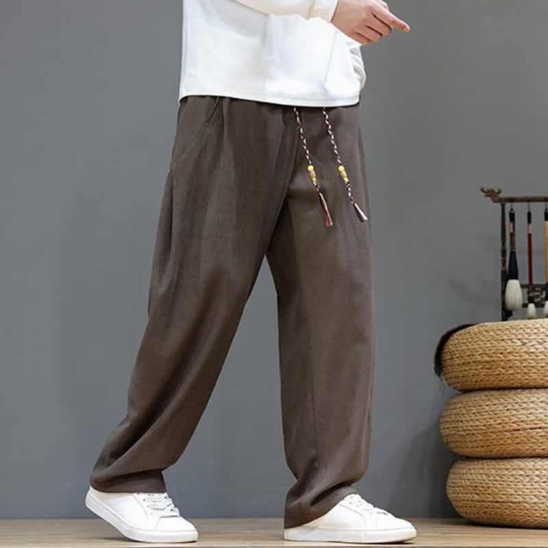 Buddha Stones Fall Winter Casual Drawstring Solid Long Pants Men's Straight Leg Pants With Pockets - image 1